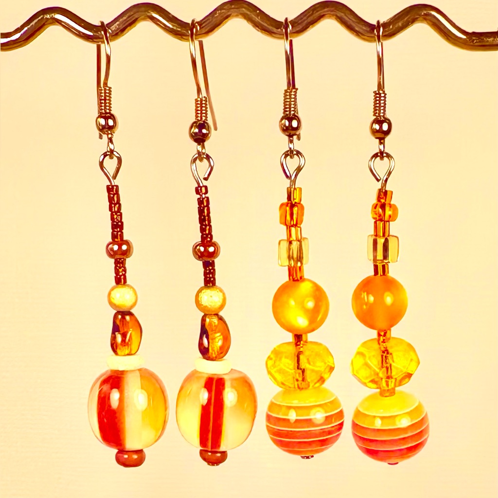 Earrings Pierced Handcrafted Nice 5orange/Yellow Glass Beads & Brown Glass Beads